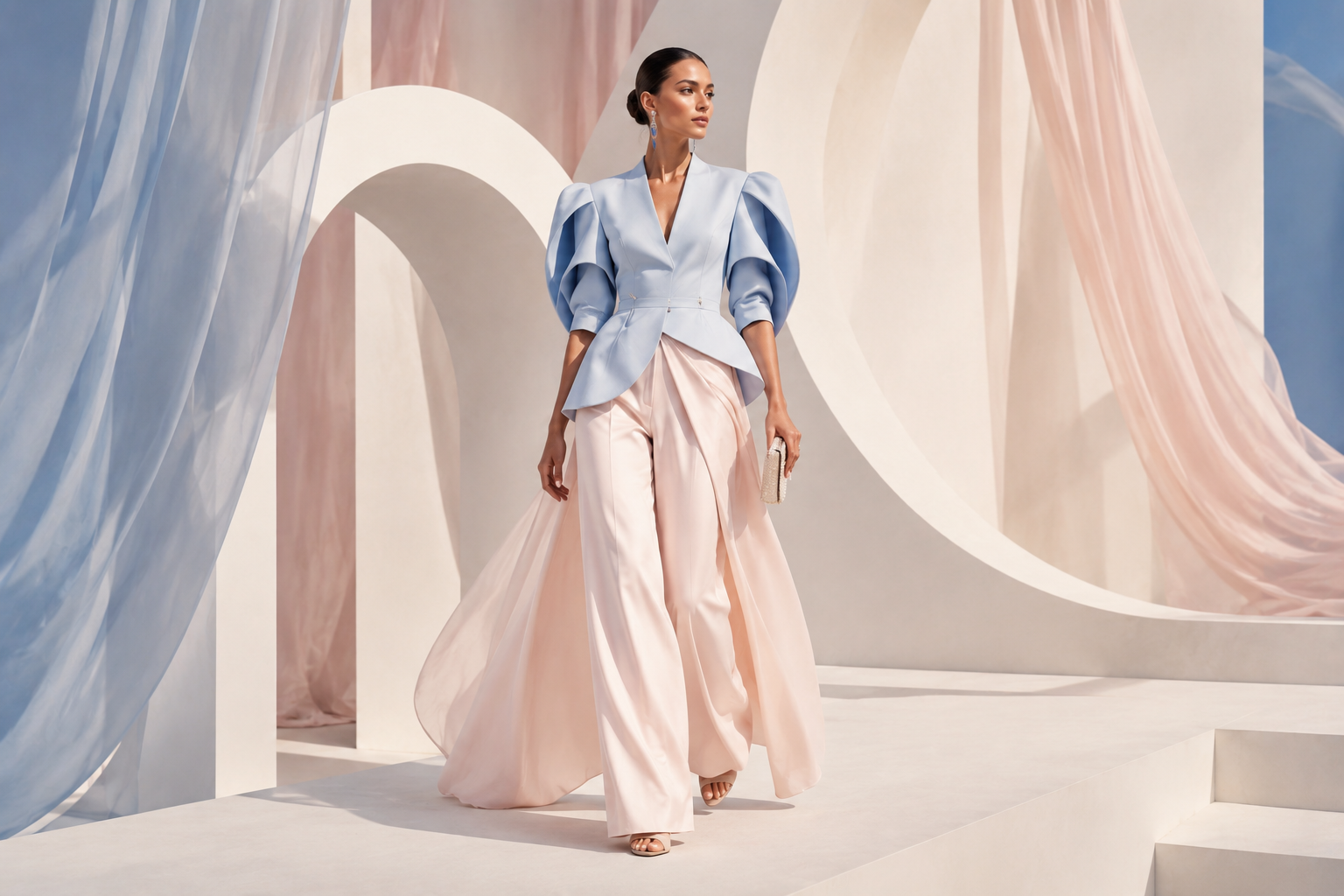 Model in a blue and blush fashion look